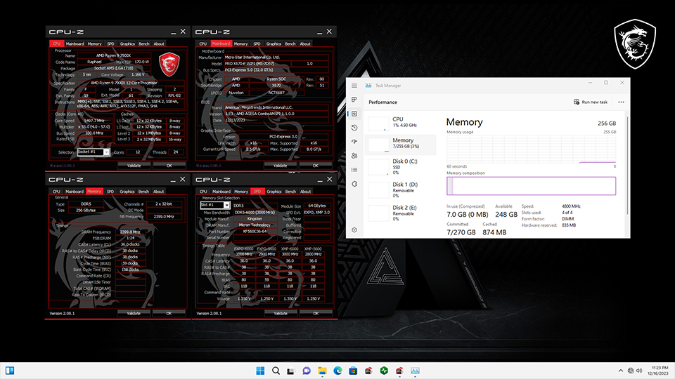 A screenshot showing MSI’s PRO X670-P WIFI motherboard supporting 256GB of DDR5 memory.
