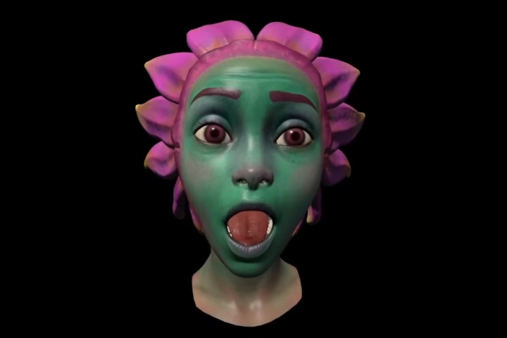 Meta Quest Pro face-tracking demo shows a green-skinned flower person with surprised expression.