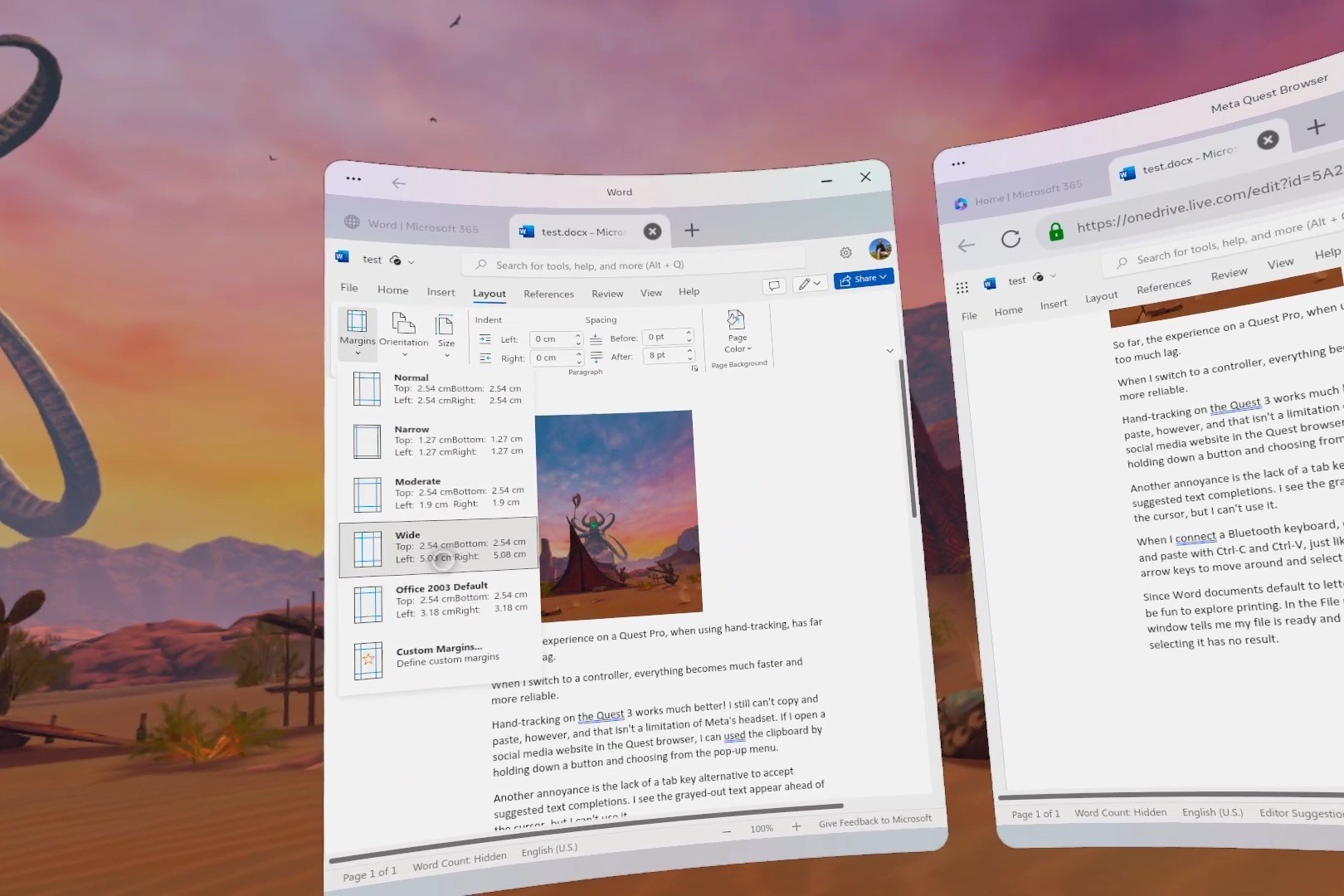 Most features, like adjusting a document's layout in Word, work fine on a Quest 3.