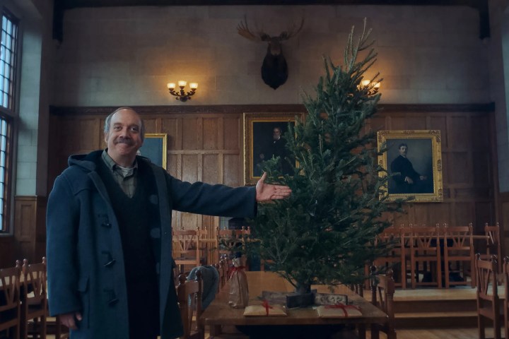 Paul Giamatti stands next to a Christmas tree in The Holdovers.