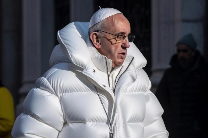 A picture made by AI image generator Midjourney depicting Pope Francis in a large white puffer jacket.