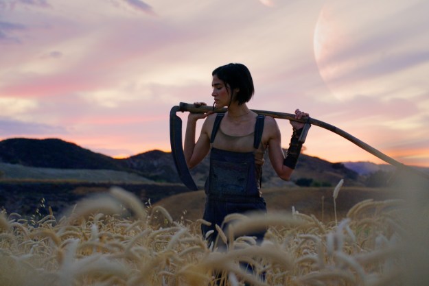 Sofia Boutella strikes a cool pose with a stick against a pretty landscape in a still from Rebel Moon – Part One: A Child of Fire.