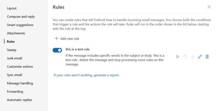Rules screen on Outlook on the web.