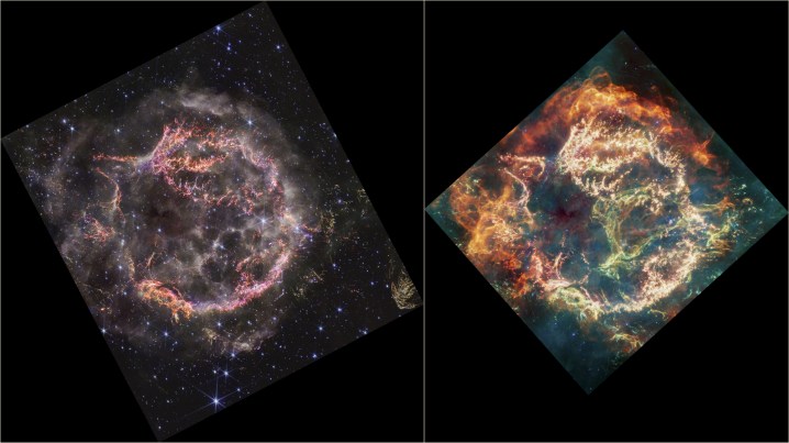 Esta imagen proporciona una comparación lado a lado del remanente de supernova Cassiopeia A (Cas A) capturado por la NIRCam (Cámara de Infrarrojo Cercano) y MIRI (Instrumento de Infrarrojo Medio) del Telescopio Espacial James Webb de la NASA.