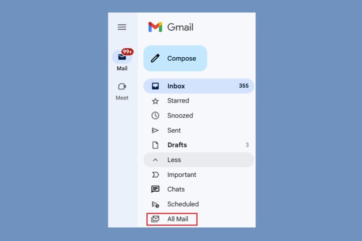 Selecting All Mail option in Gmail for web.