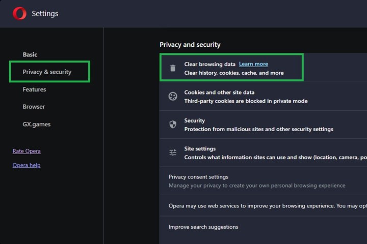 Selecting Clear Browsing Data option in Opera web browser settings.