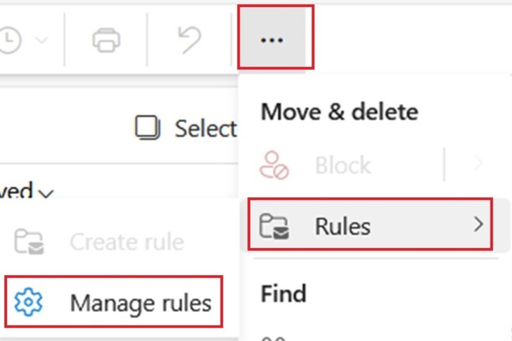 Selecting Manage Rules option in Outlook on the web.