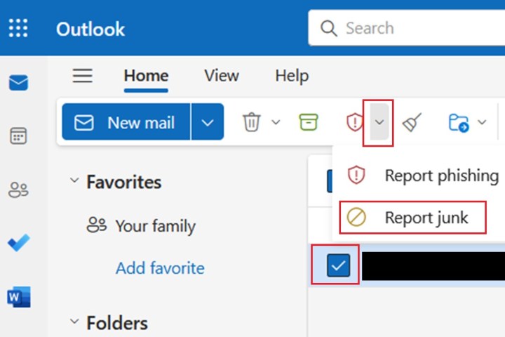 Selecting Report Junk in Outlook on the web.