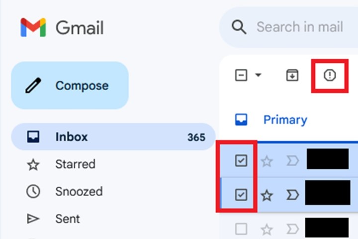 Selecting Report Spam in Gmail.