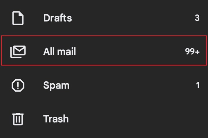 Selecting the All Mail option in the Gmail app for Android.