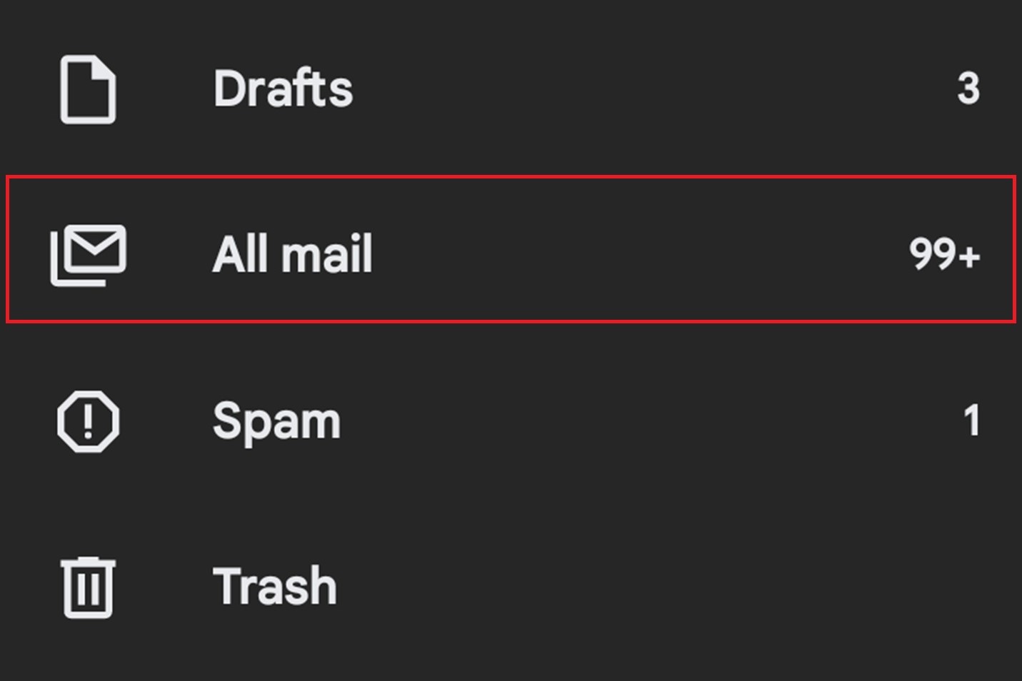Selecting the All Mail option in the Gmail app for Android.