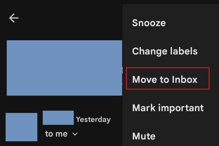 Selecting the Move to Inbox option in Gmail for Android.