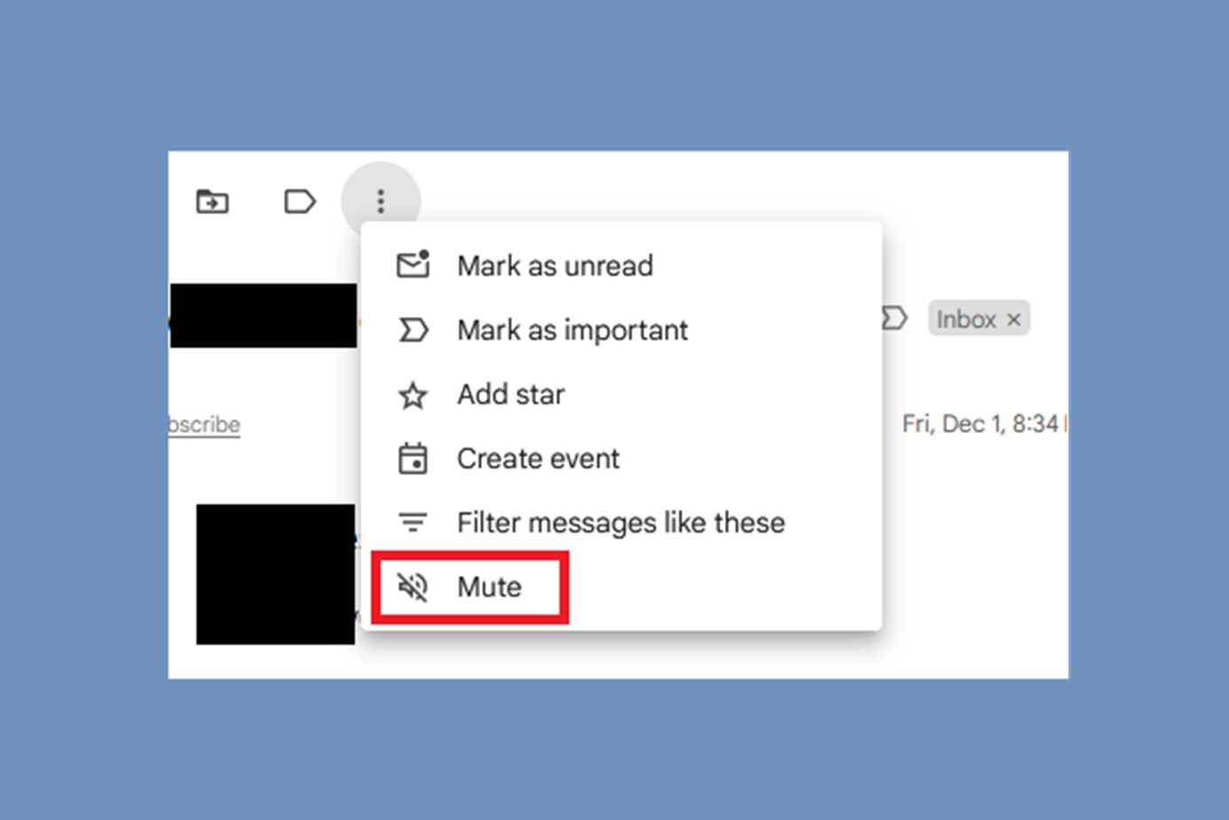 Selecting the Mute option in Gmail for web.