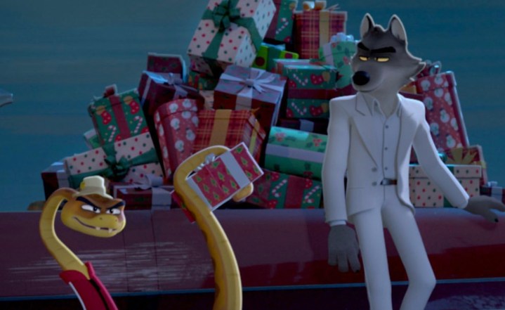 A snake holds a present while sitting next to a wolf in front of a sleigh.