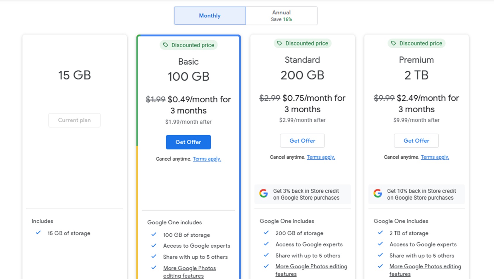 Updated pricing tiers for Google One storage plans.