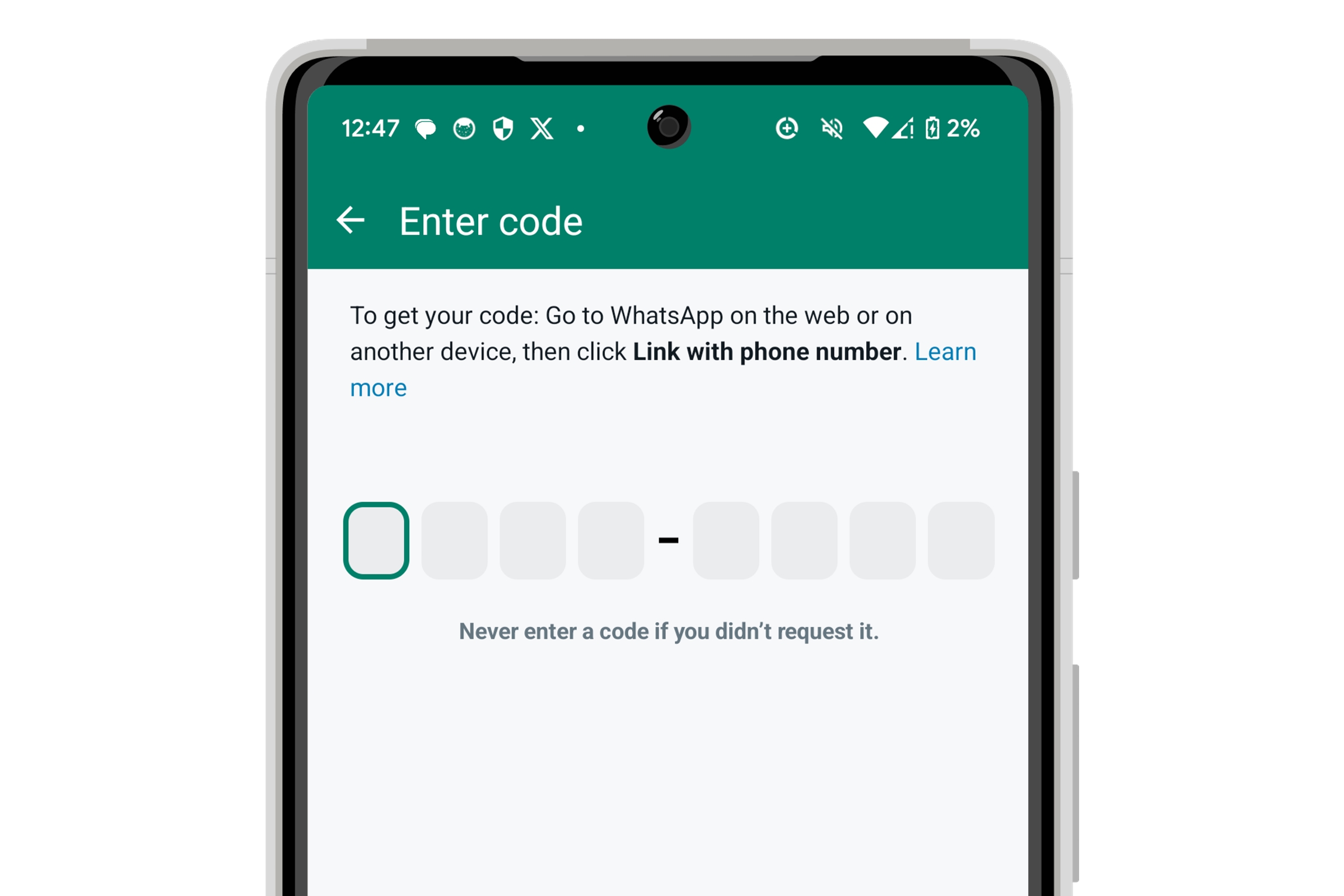 WhatsApp for Android linking with a manual code.