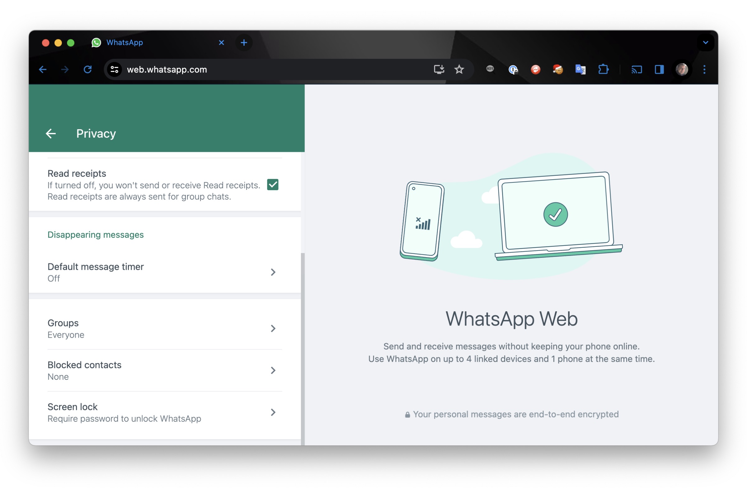 WhatsApp Web screen lock active in Chrome.