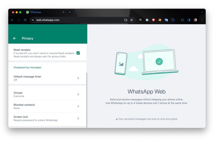 WhatsApp Web privacy settings in Chrome.