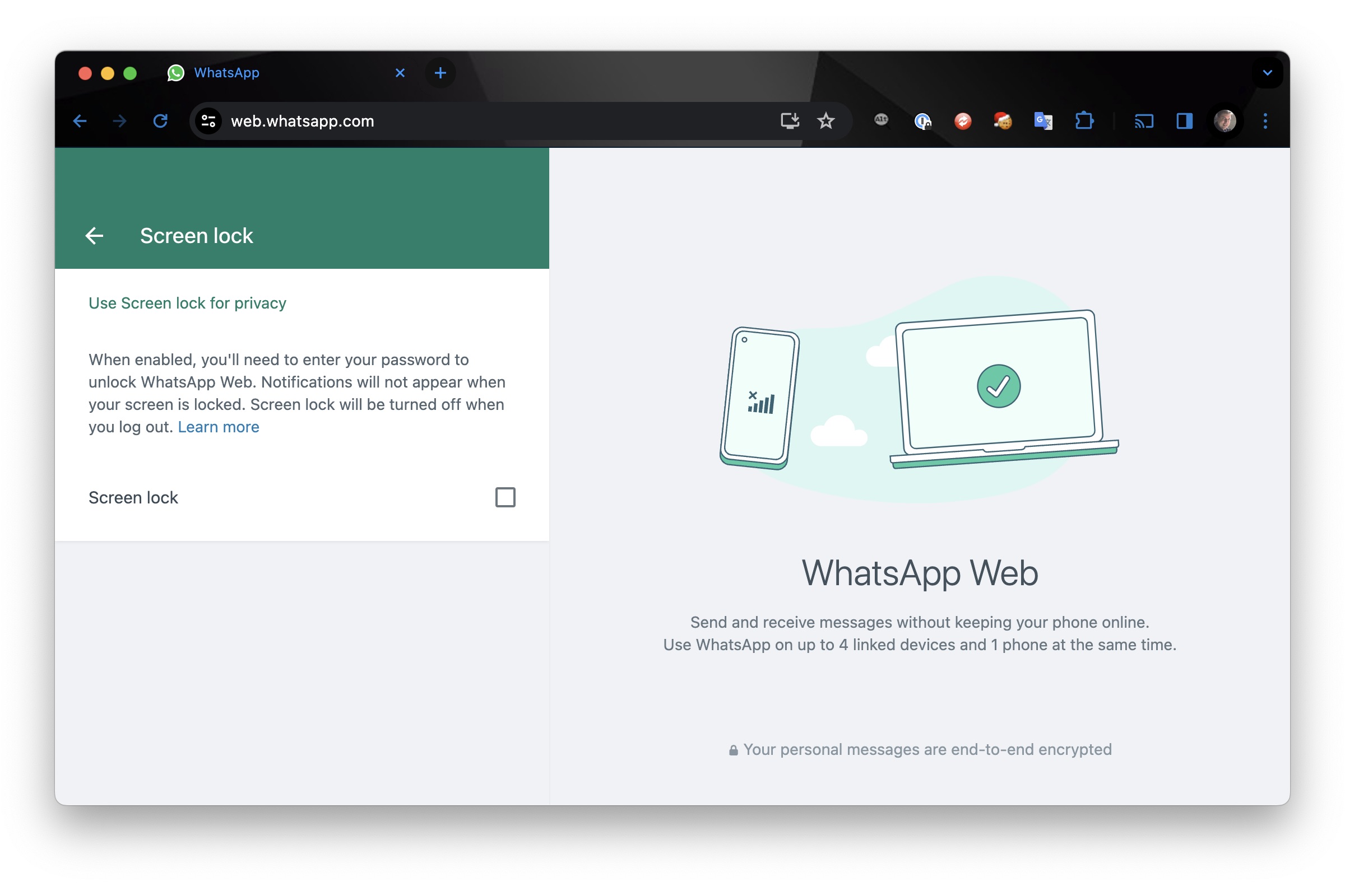 WhatsApp Web privacy settings in Chrome.