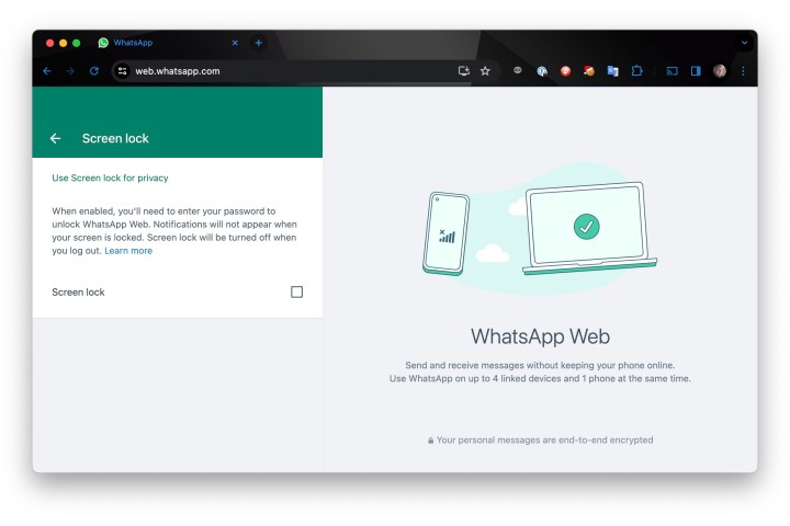 WhatsApp Web screen lock settings in Chrome.