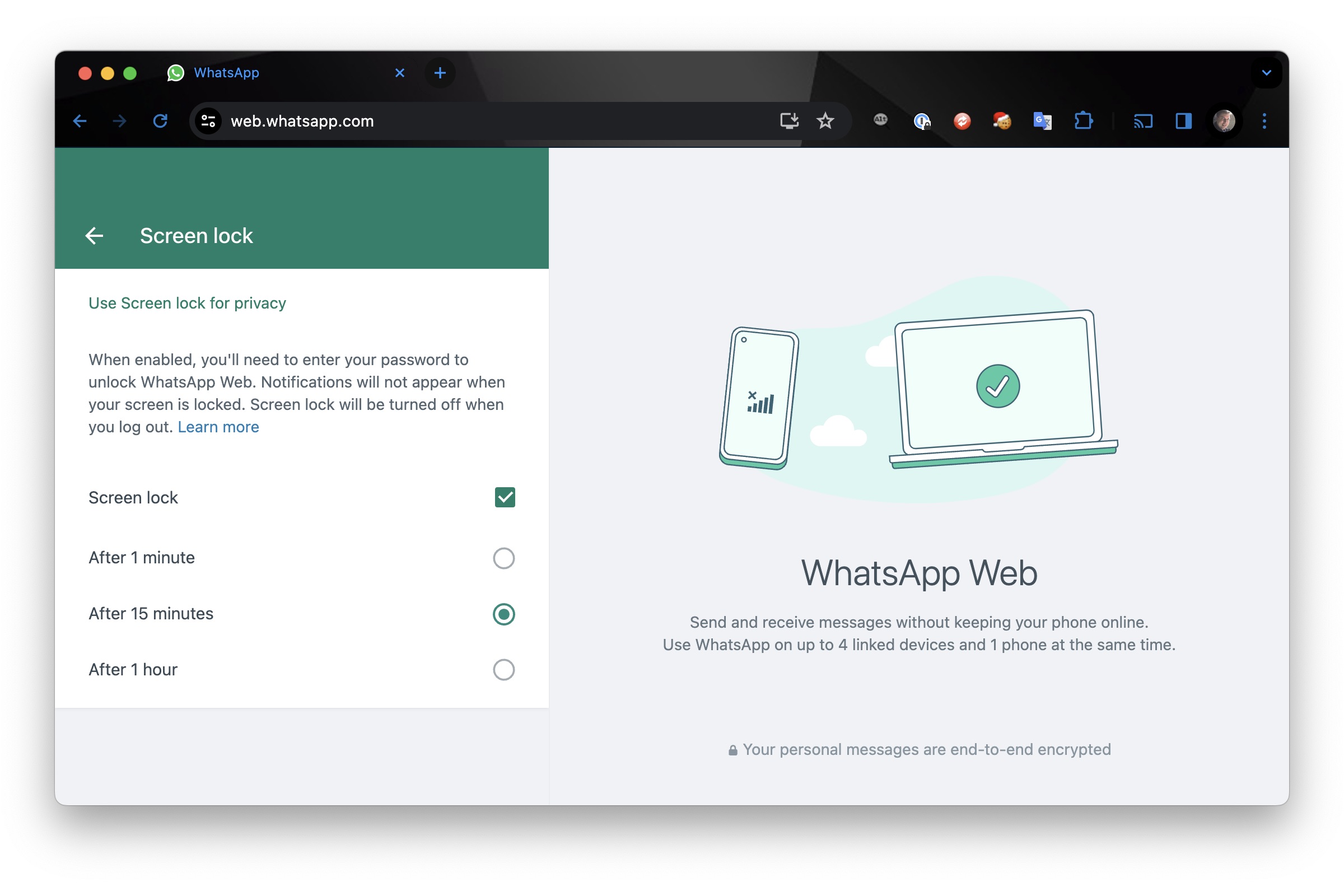 WhatsApp Web screen lock settings in Chrome.