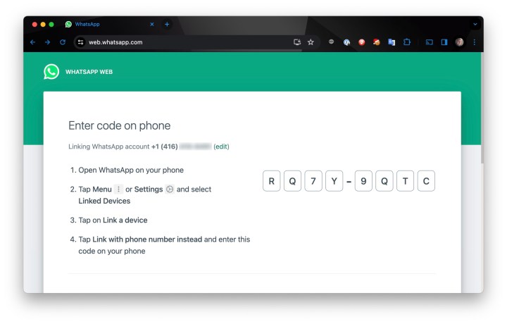 WhatsApp Web linking with a phone number and manual code in Chrome.