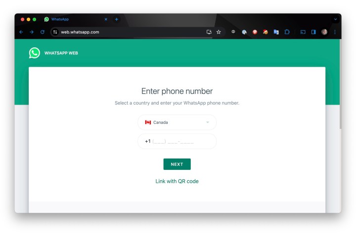 WhatsApp Web linking with a phone number in Chrome.