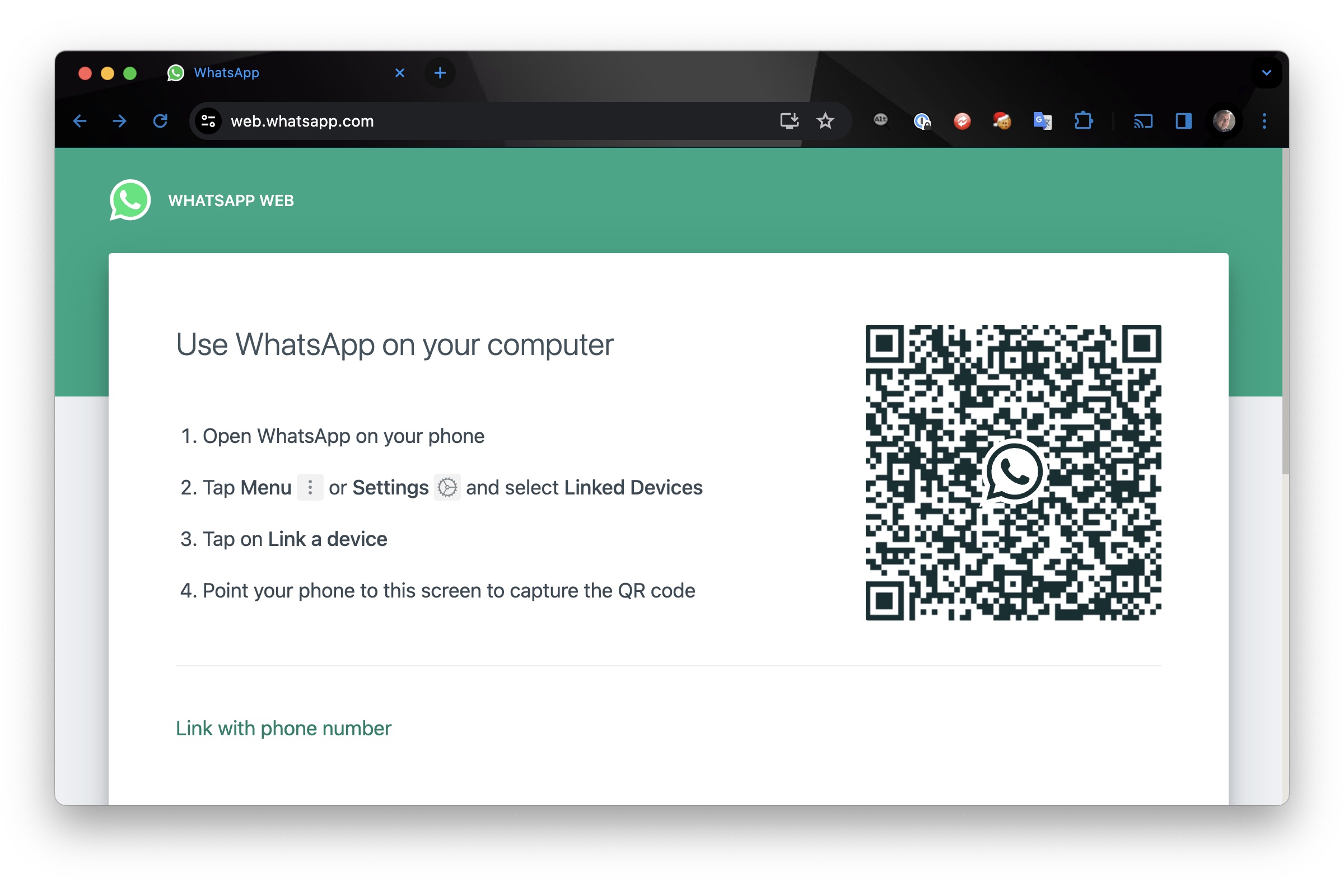 WhatsApp Web Sign-in Screen in Chrome.