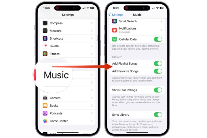 Screenshots showing how to toggle/untoggle the ability to automatically save favorited items in Apple Music.