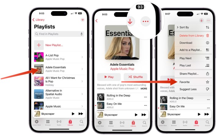 Screenshots showing the steps to favorite a playlist in Apple Music. 
