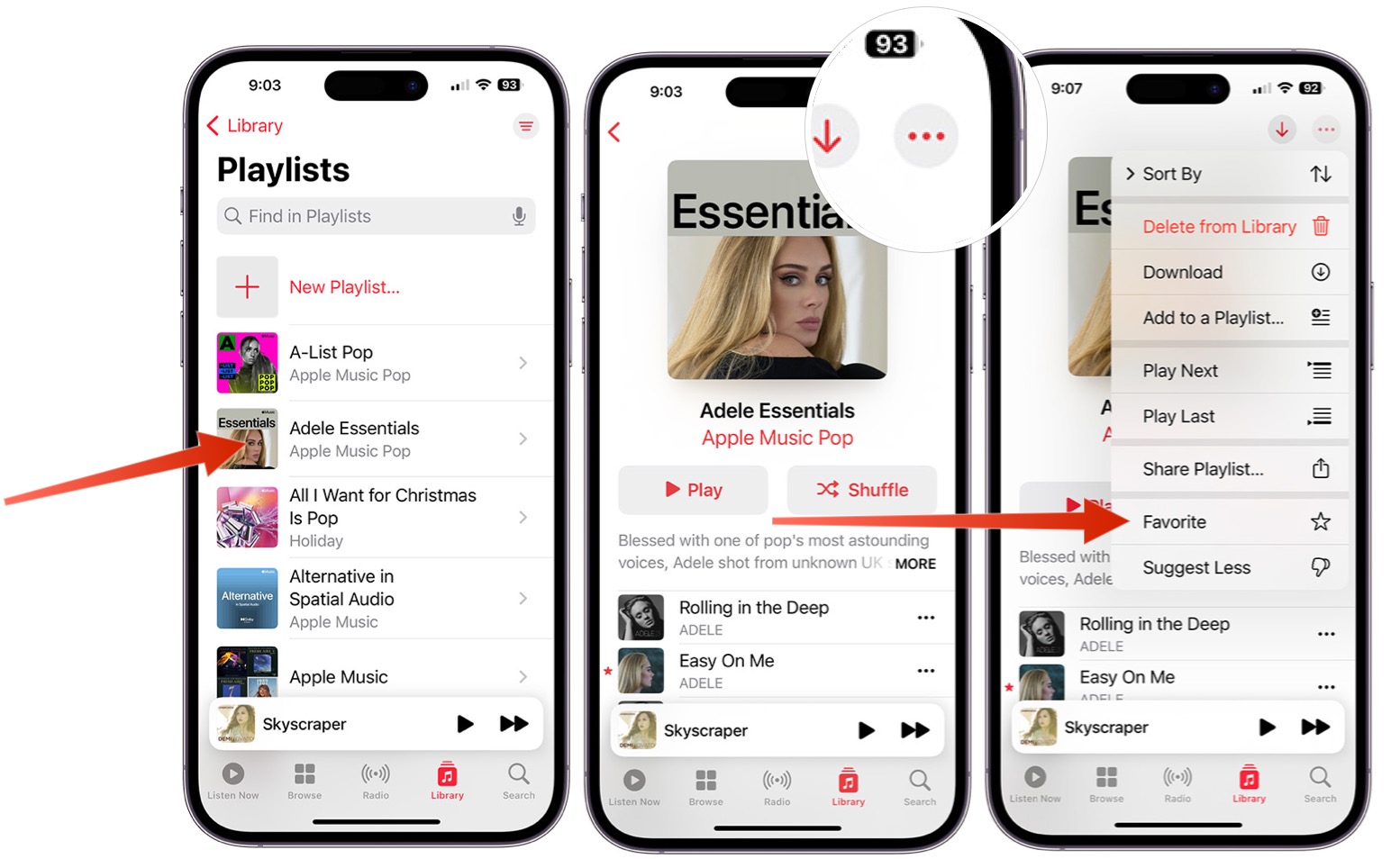 Screenshots showing the steps to favorite a playlist in Apple Music. 