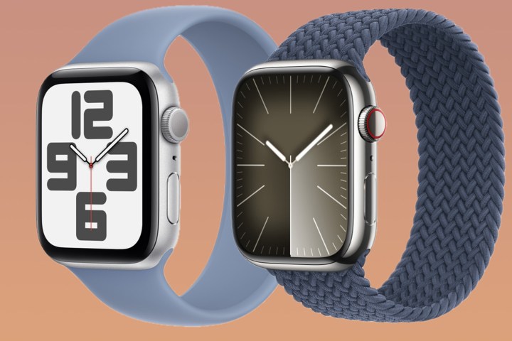 An Apple Watch SE 2 next to an Apple Watch Series 9.