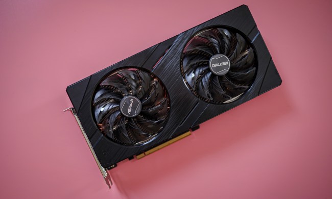 Intel Arc A580 graphics card on a pink background.