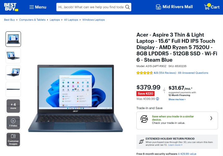 An Acer Aspire 3 laptop listing at Best Buy.