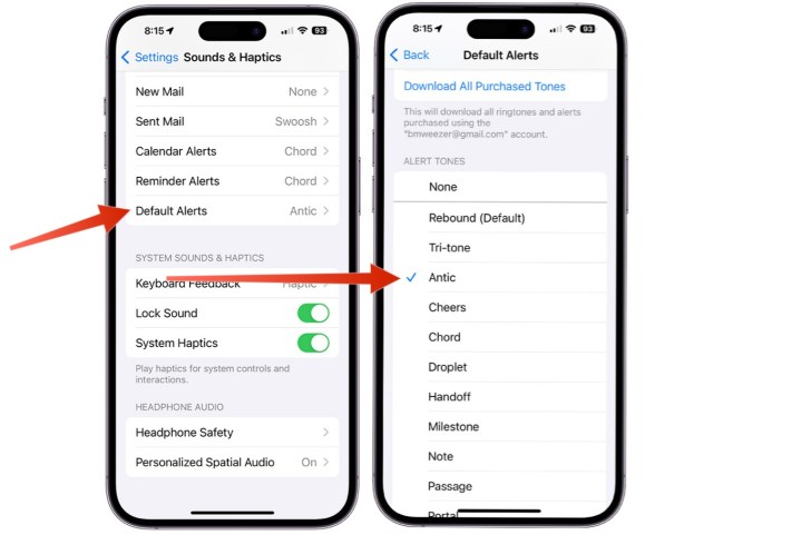 Screenshot showing how to change the default notification sound on iPhone. 