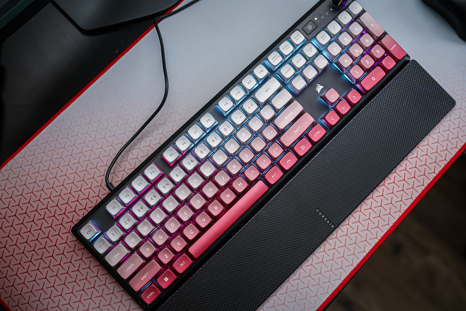The Corsair Steel Crimson keycaps installed on a K70 Core keyboard.