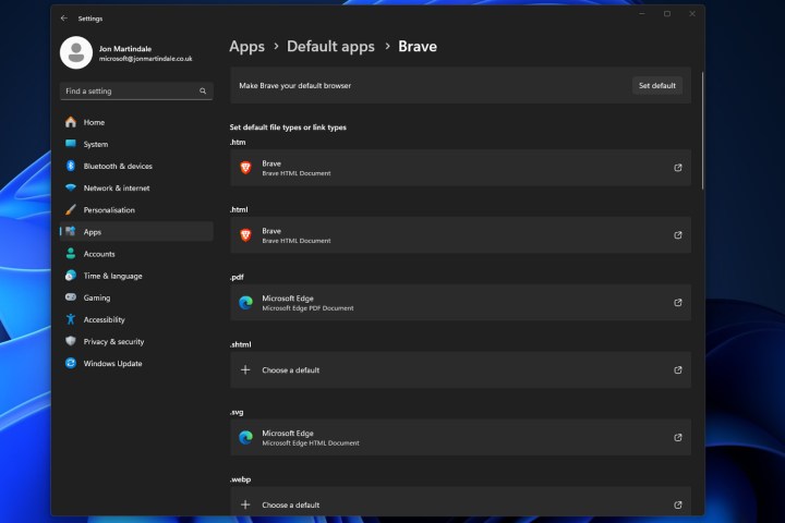 Selecting Brave as the default browser in Windows 11.