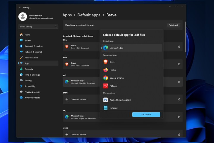 Setting default apps in Windows 11.