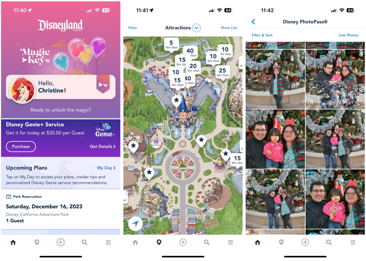 Screenshots of the Disneyland app on iPhone.