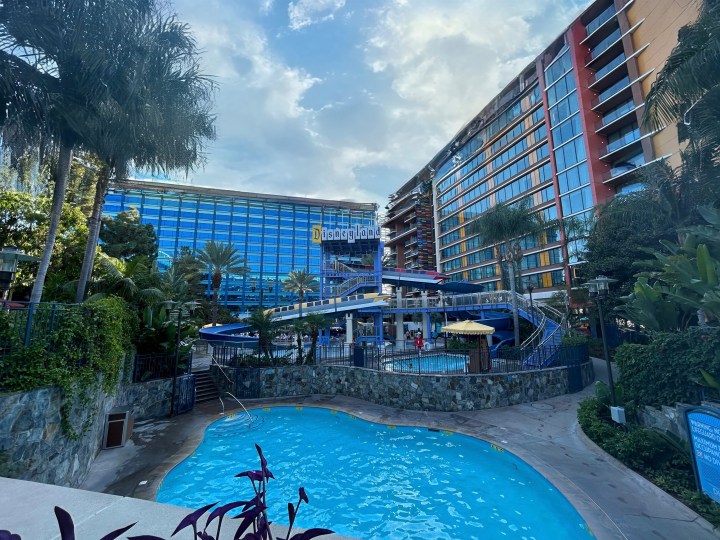 Photo of Disneyland Hotel pool area edited with Magic Editor on Google Pixel 8 Pro.