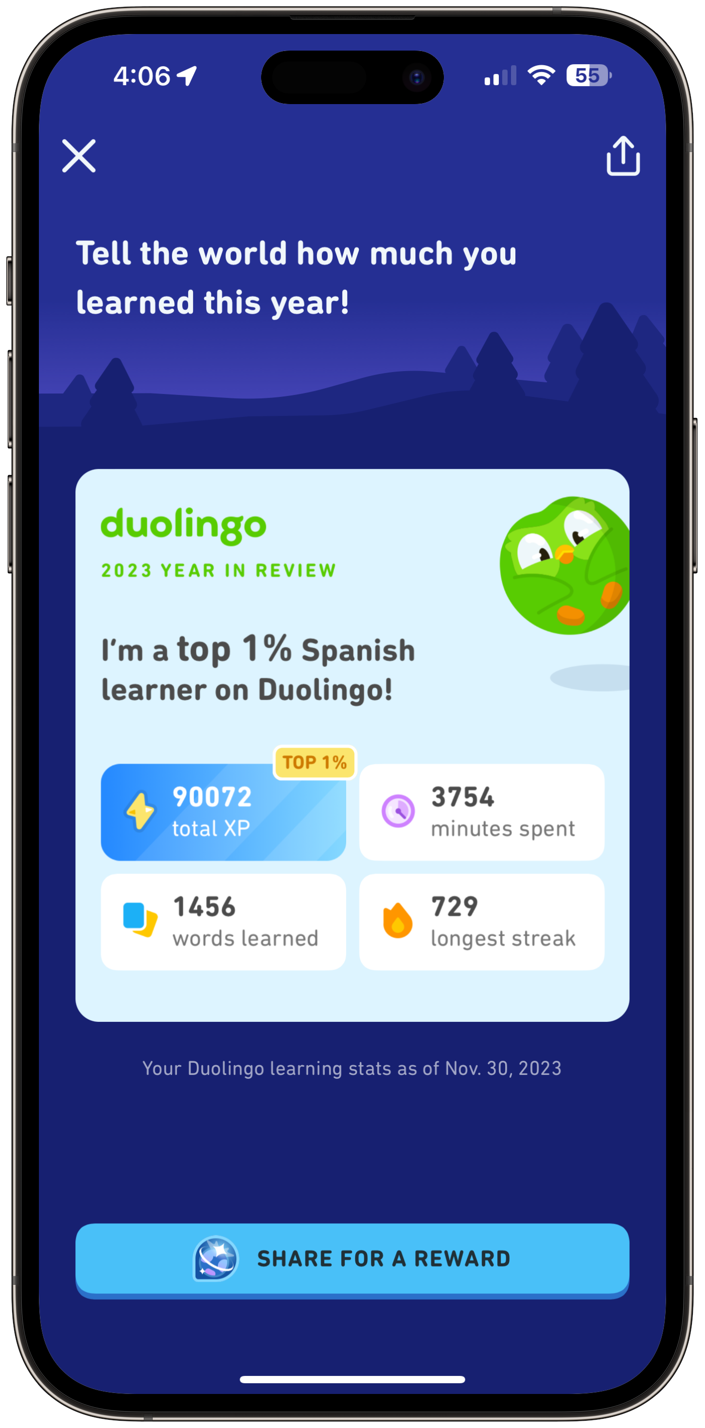Una captura de pantalla de la revisión del año 2023 de Duolingo ejecutándose en un iPhone.