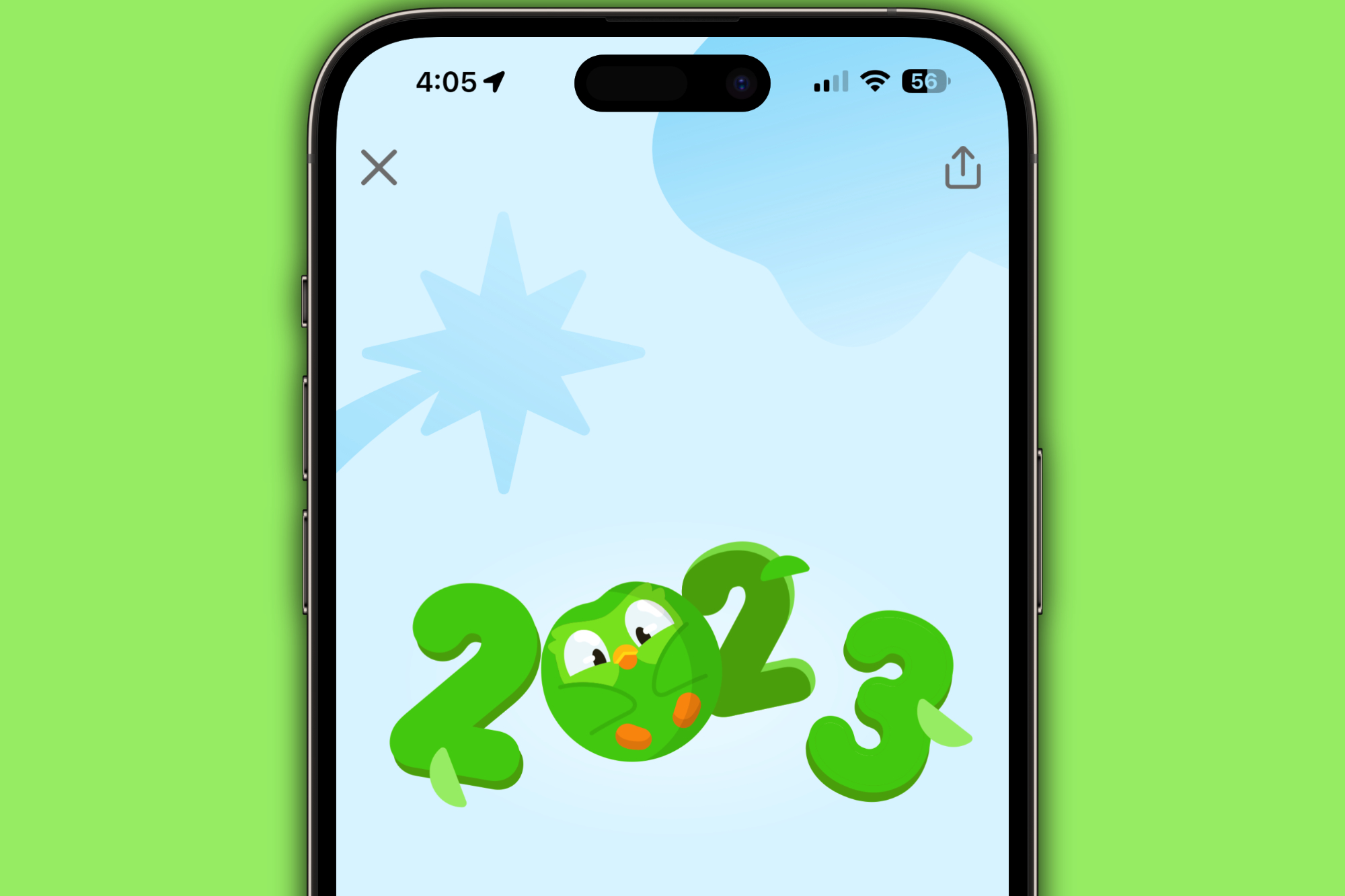 Resumen del año 2023 de Duolingo ejecutándose en un iPhone.