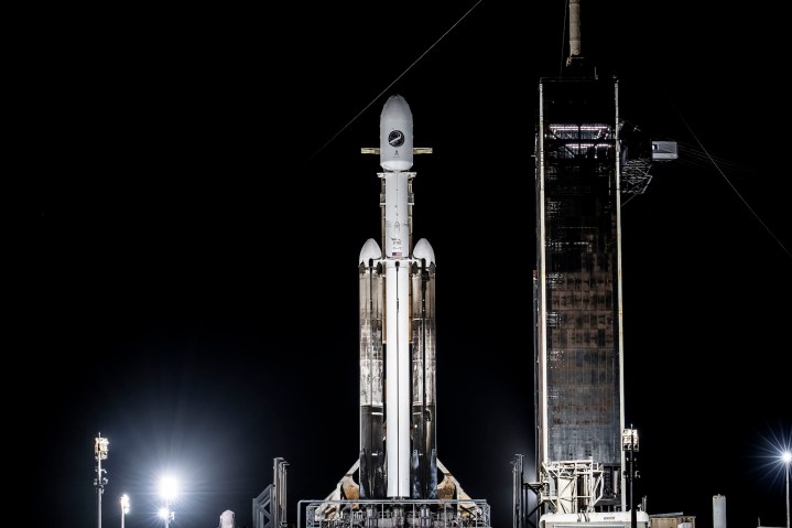 The Falcon Heavy rocket on the launchpad at the Kennedy Space Center in Florida.