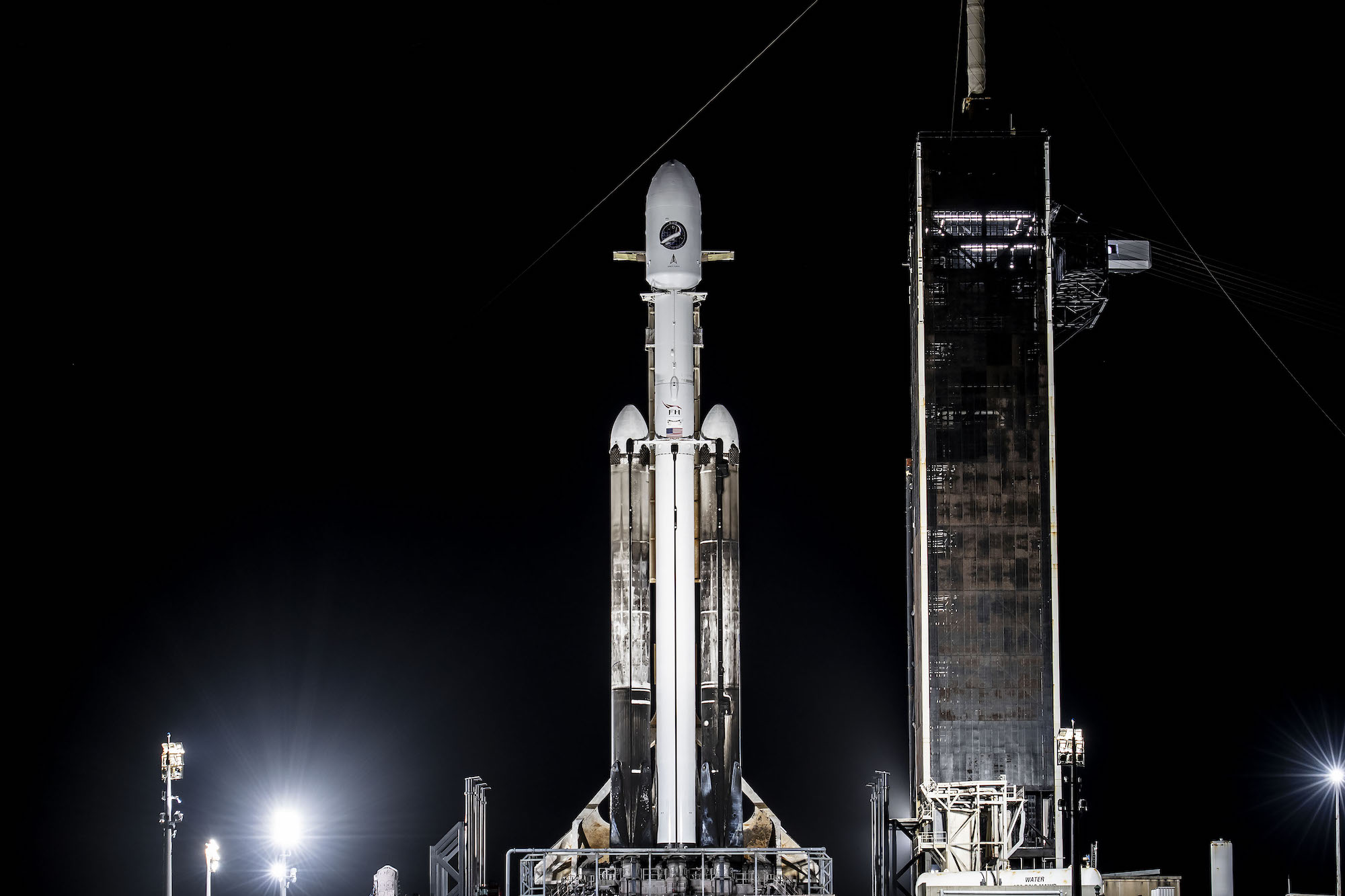 The Falcon Heavy rocket on the launchpad at the Kennedy Space Center in Florida.