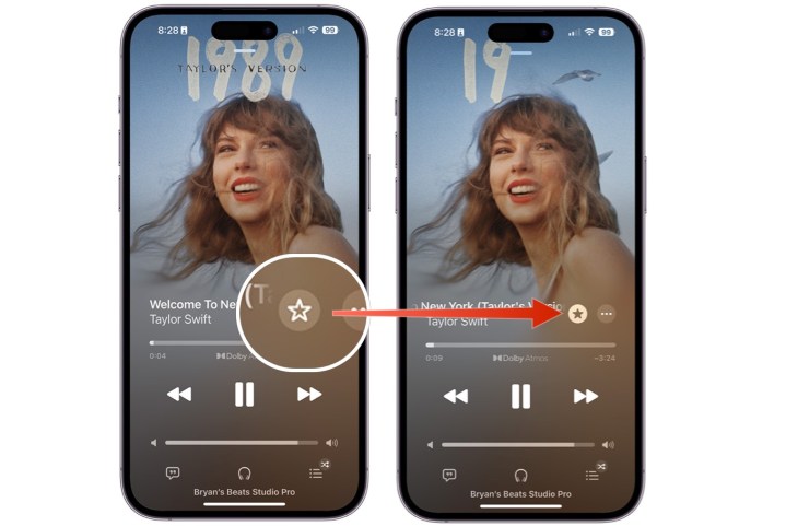 Screenshots showing how to favorite a song on Apple Music from the Now Playing screen. 