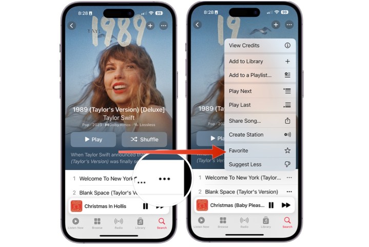 Screenshots showing how to favorite a song in Apple Music on iPhone.