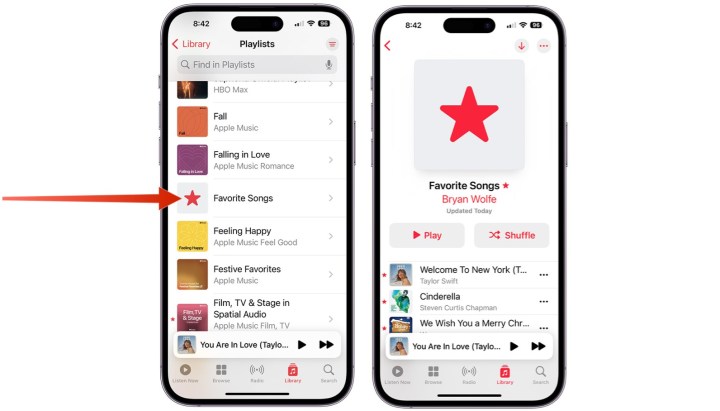 Screenshots showing how to find the Favorite Songs playlist in Apple Music.