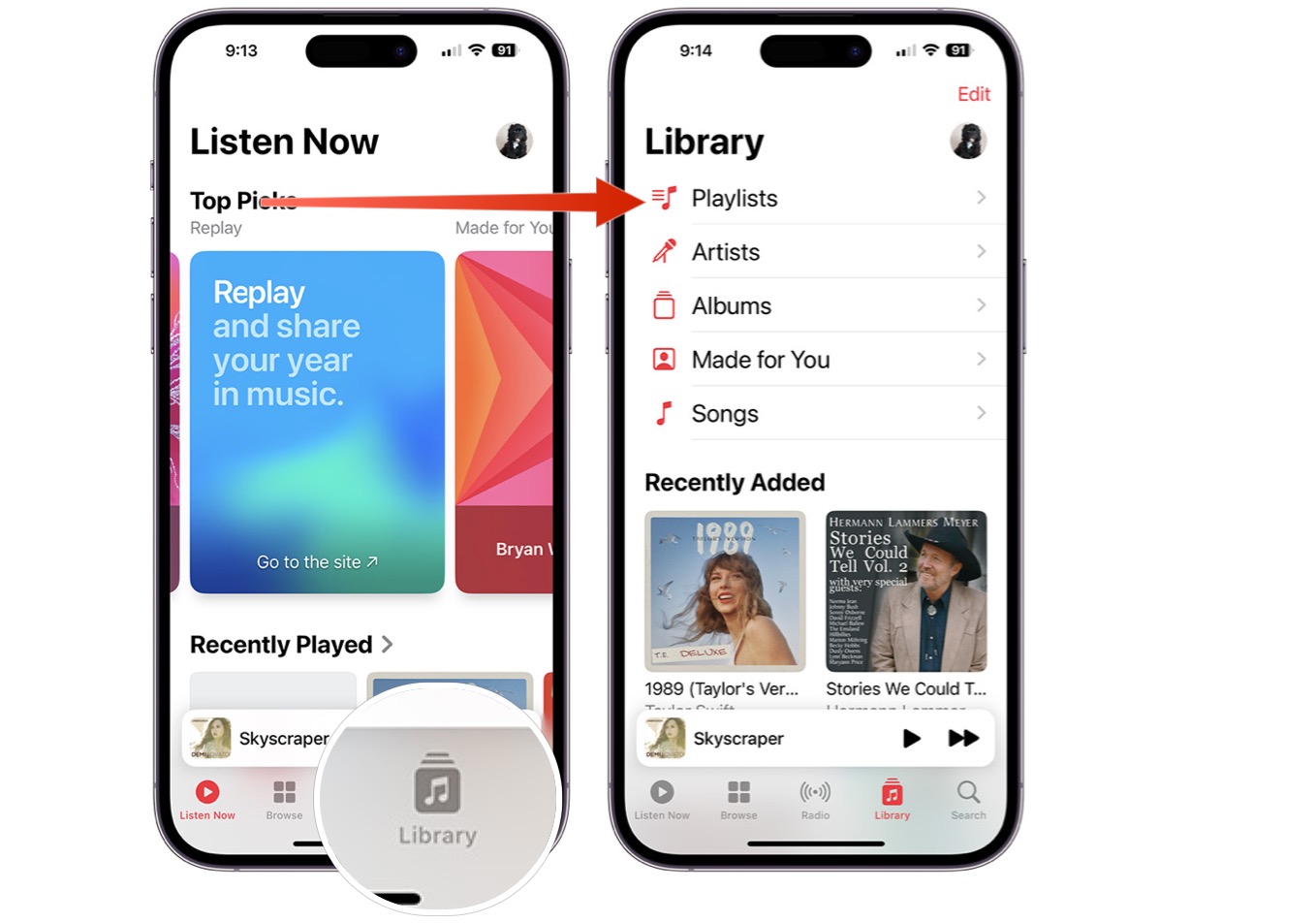 Screenshots showing how to find favorites in the Apple Music app.