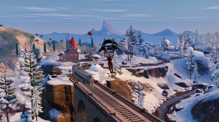 A player landing on the train in Forrnite.