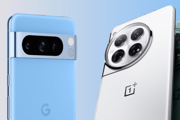 Renders of the Google Pixel 8 Pro and the OnePlus 12 next to each other.
